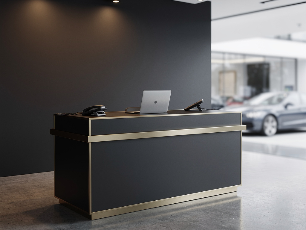 The front service desk in graphite with gold metal edges, a laptop and a phone on top, and blurred cars in the backgroun
