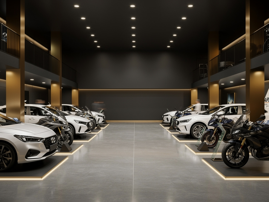 A wide view of the showroom with cars and motorcycles lined up under warm spotlights.