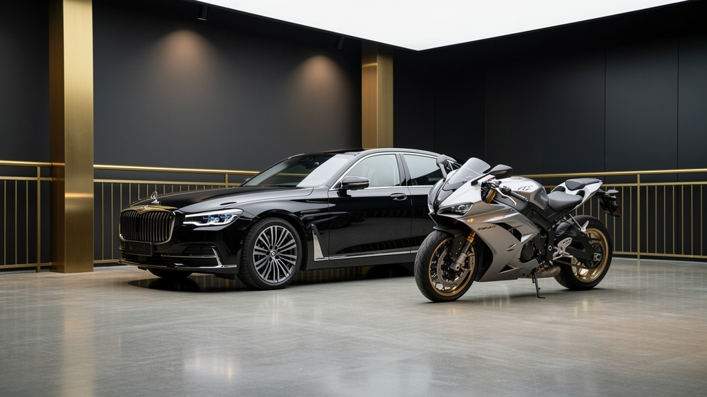A gleaming dark sedan and a sport motorcycle parked side by side under focused spotlights on the polished showroom floor