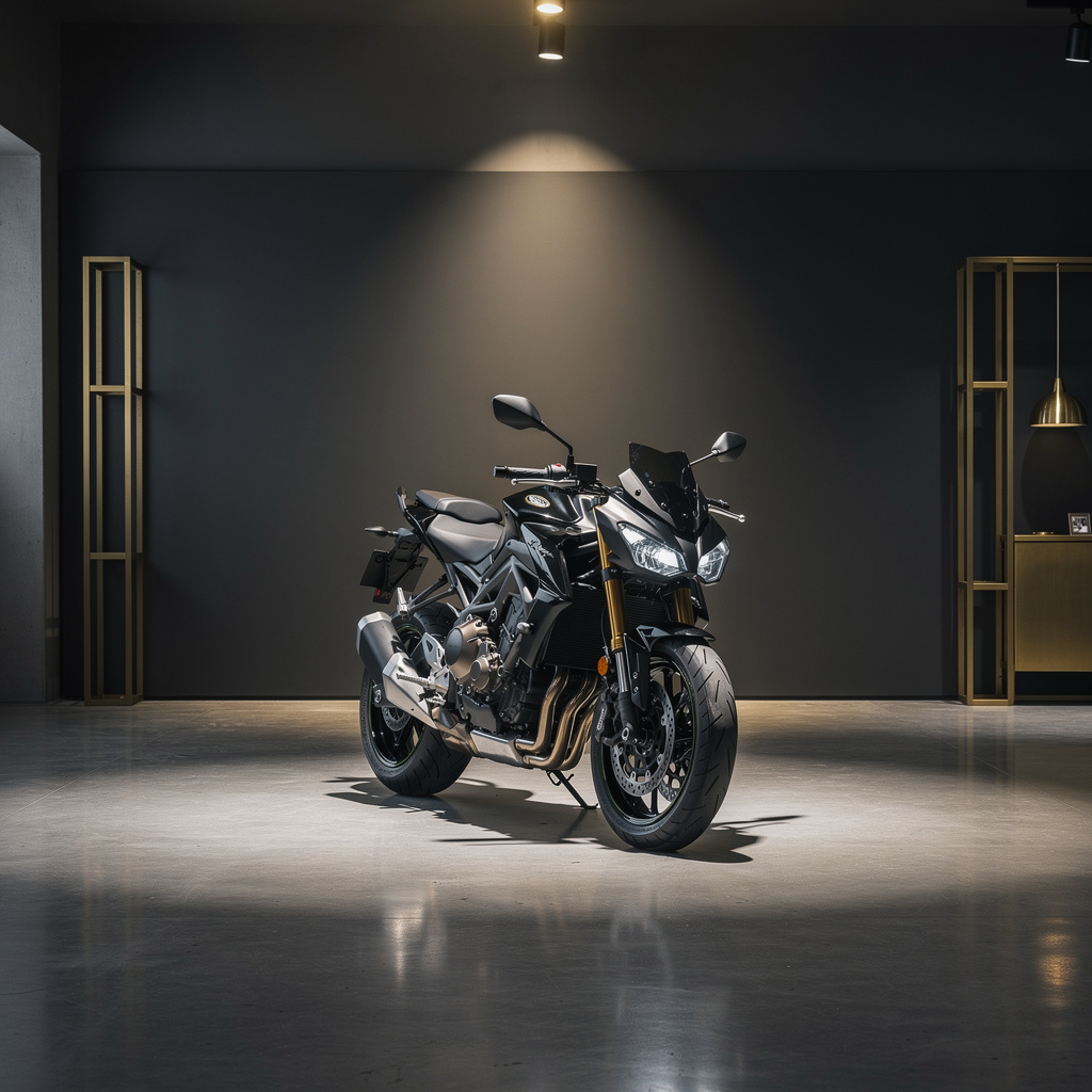 A clean, unbranded dark sports motorcycle alone on a polished concrete floor under a single warm spotlight.