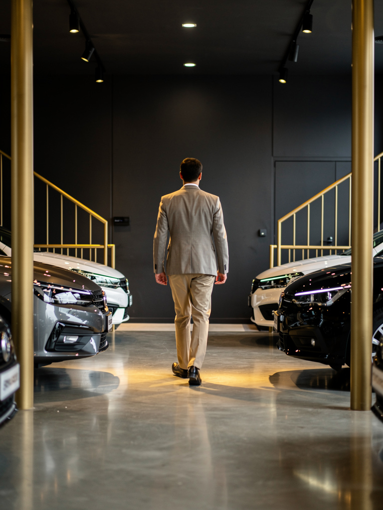 A team member seen from behind walking between rows of cars in the showroom, slightly out of focus.